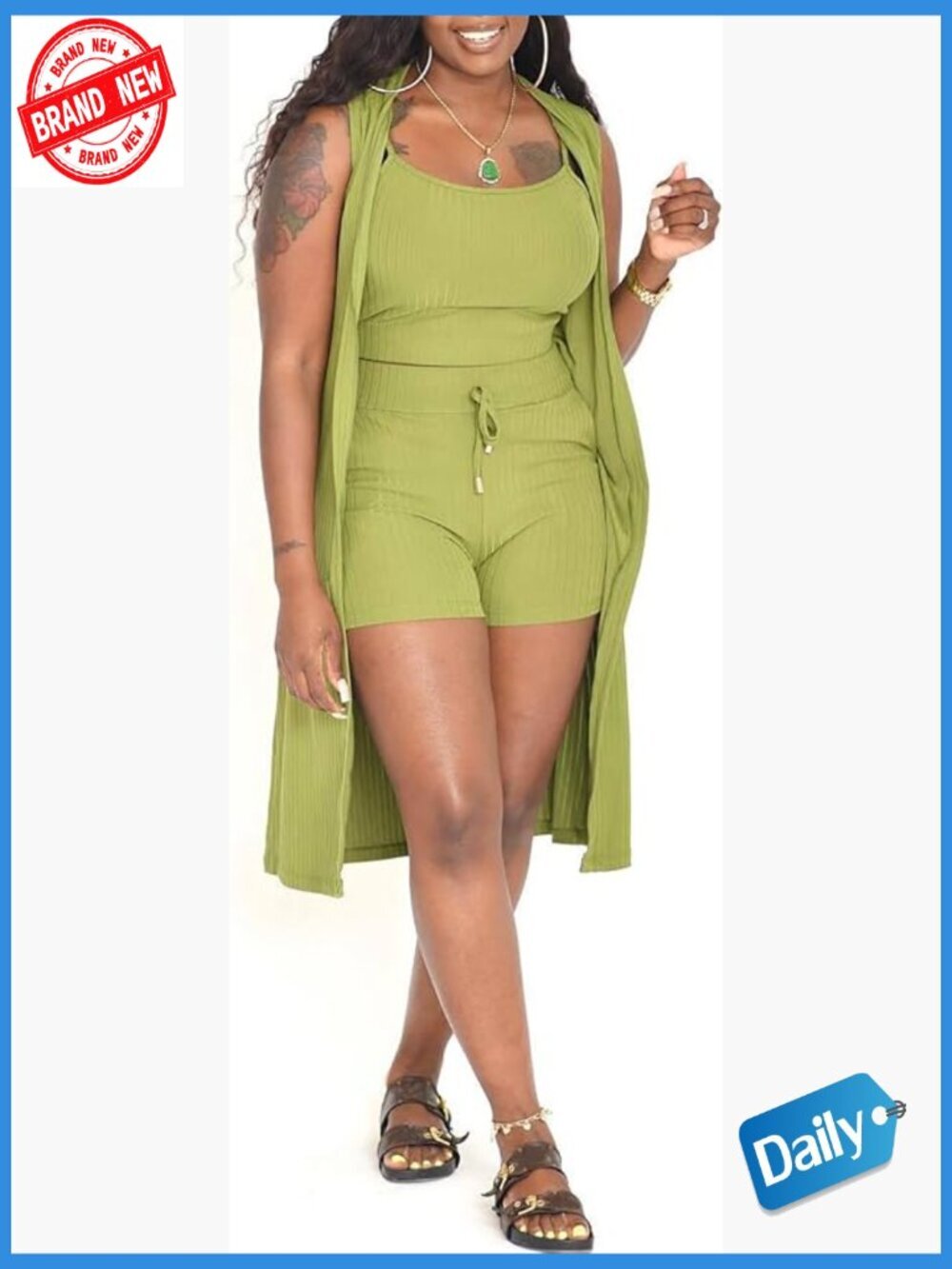 3 Piece Ribbed Lounge Set: Cardigan, Crop Top, Shorts